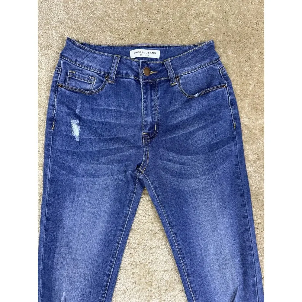 Encore Jeans Skinny Distressed Dark Wash Size 3 Stretch Raw Hem A530 - Picture 2 of 11